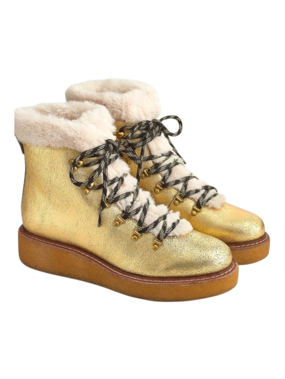 J Crew Gold Metallic Winter Shearling Boots, Wedge Crepe Sole,  Womens Sz 6